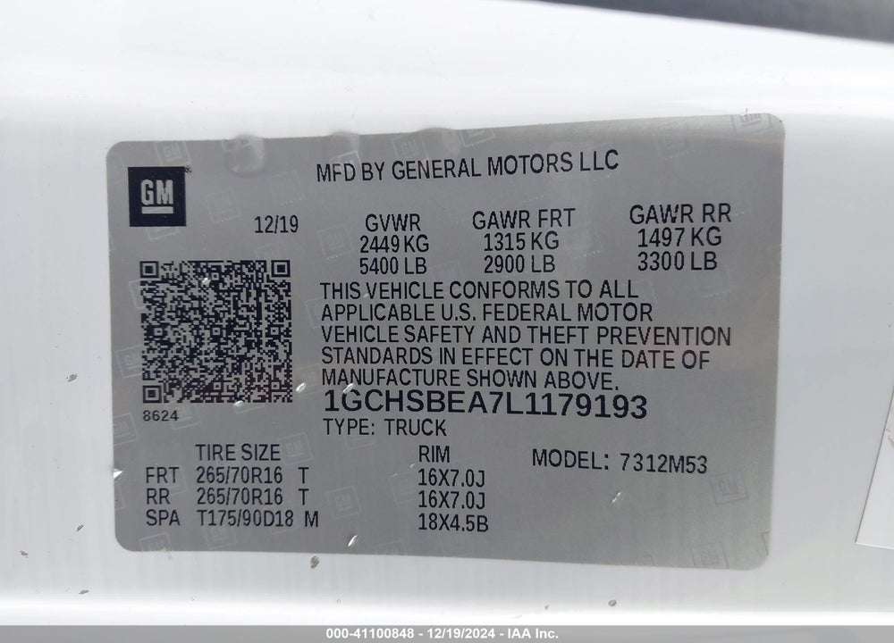 2020 CHEVROLET COLORADO 2WD LONG BOX WT VIN: 1GCHSBEA7L1179193