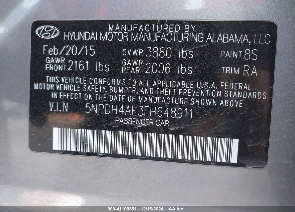2015 HYUNDAI ELANTRA SE VIN: 5NPDH4AE3FH648911