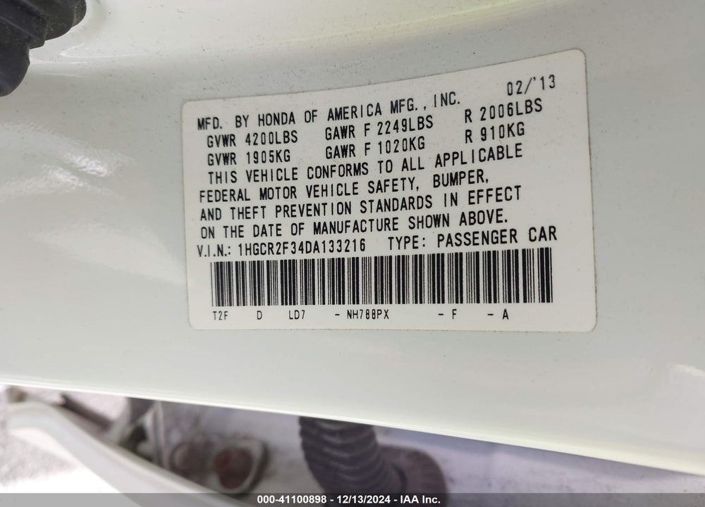 2013 HONDA ACCORD LX VIN: 1HGCR2F34DA133216