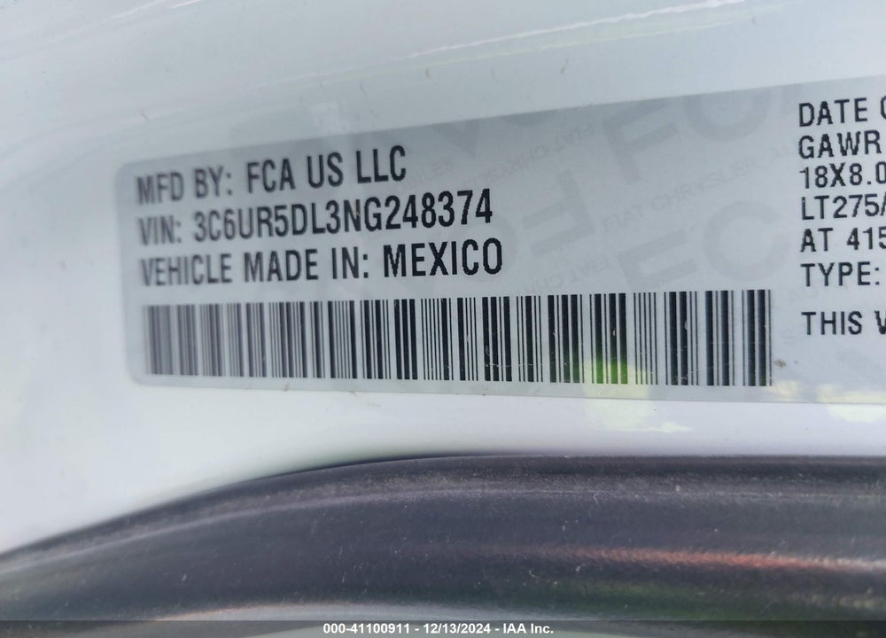 2022 RAM 2500 VIN: 3C6UR5DL3NG248374