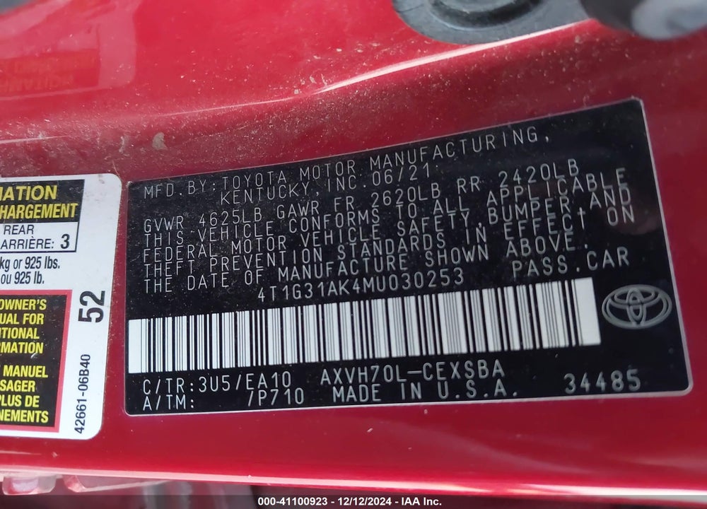2021 TOYOTA CAMRY SE HYBRID VIN: 4T1G31AK4MU030253