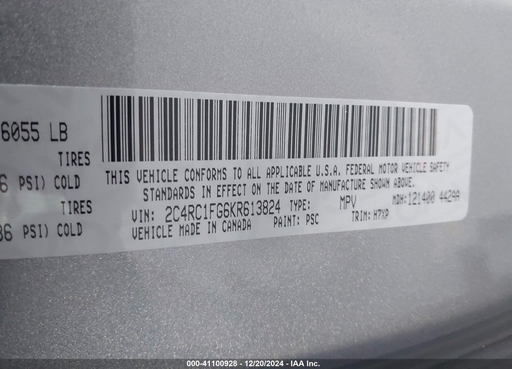 2019 CHRYSLER PACIFICA TOURING PLUS VIN: 2C4RC1FG6KR613824
