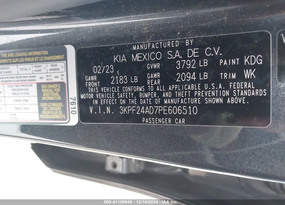 2023 KIA FORTE LXS VIN: 3KPF24AD7PE606510