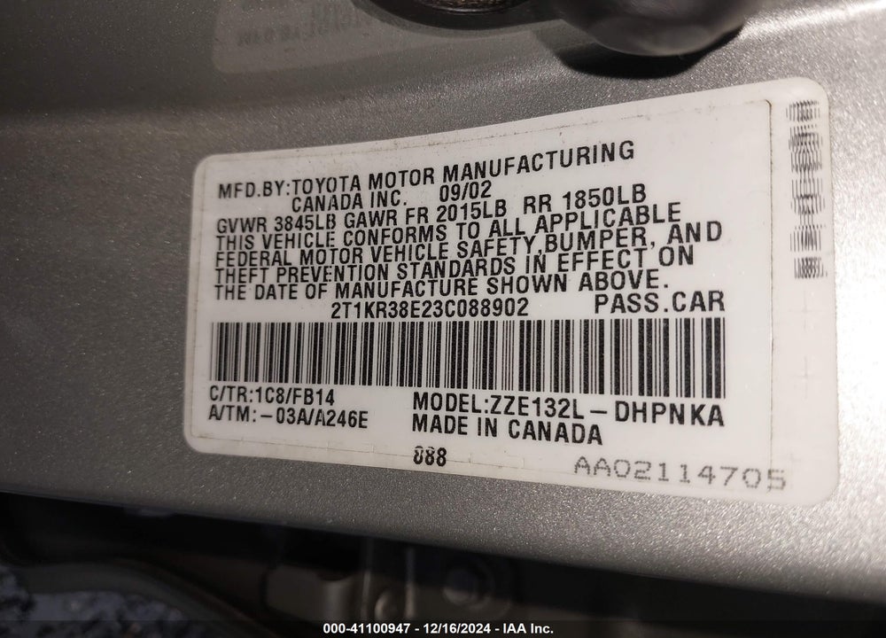 2003 TOYOTA MATRIX/XR VIN: 2T1KR38E23C088902