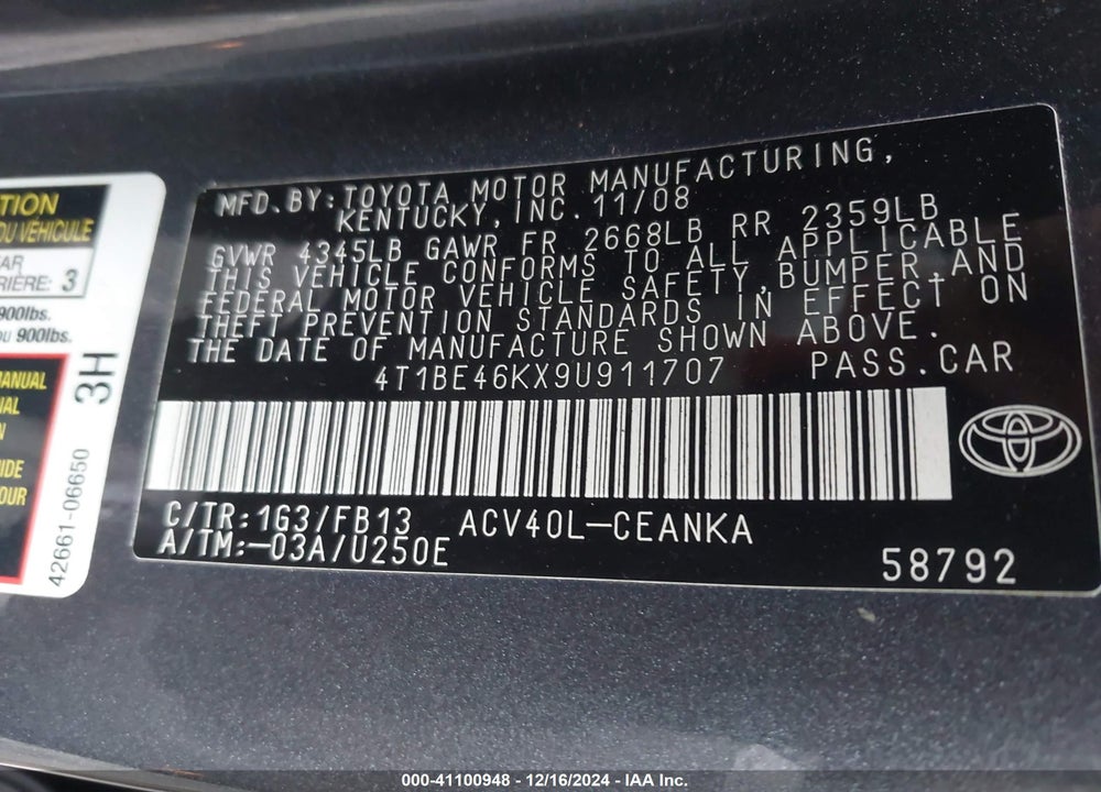 2009 TOYOTA CAMRY LE VIN: 4T1BE46KX9U911707