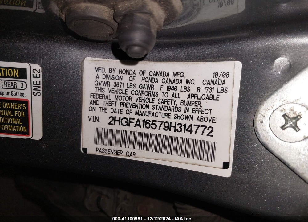 2009 HONDA CIVIC LX VIN: 2HGFA16579H314772
