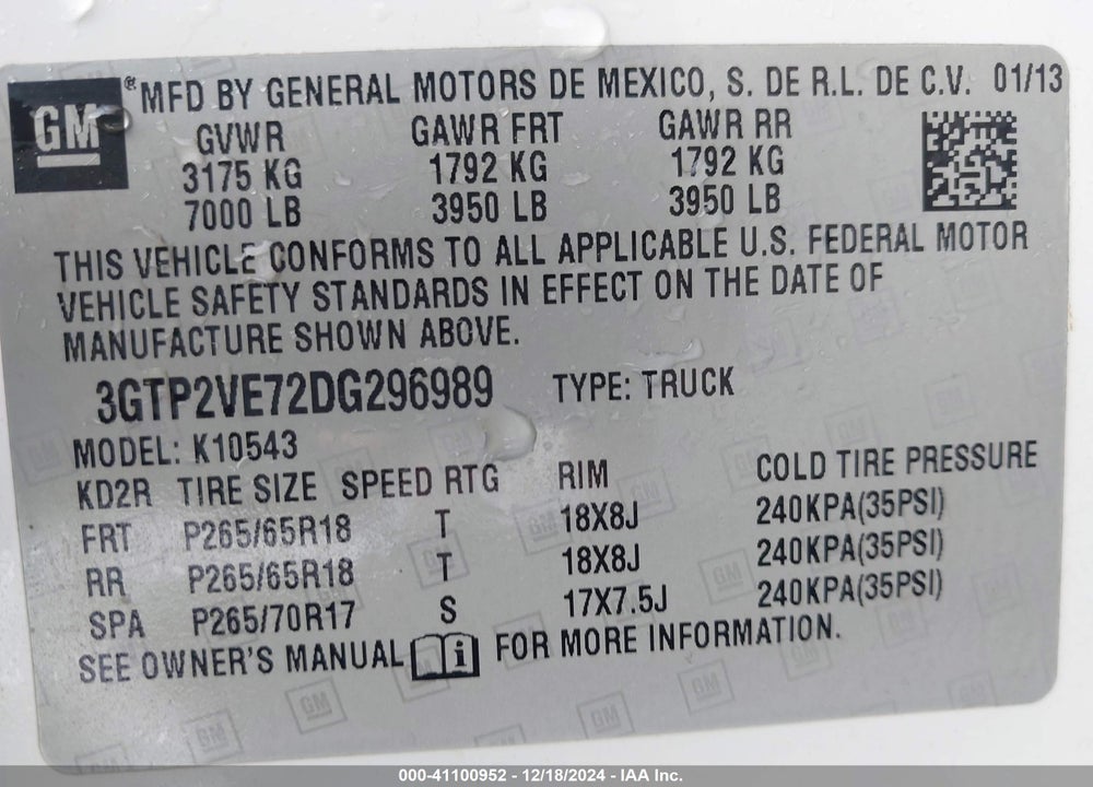 2013 GMC SIERRA 1500 VIN: 3GTP2VE72DG296989