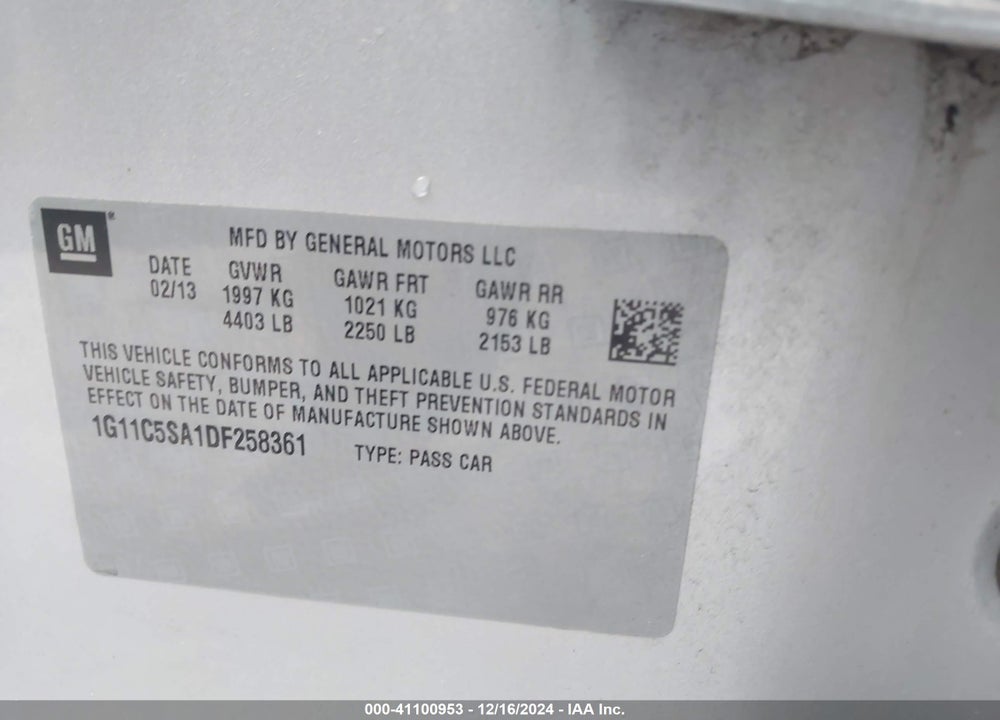 2013 CHEVROLET MALIBU 1LT VIN: 1G11C5SA1DF258361