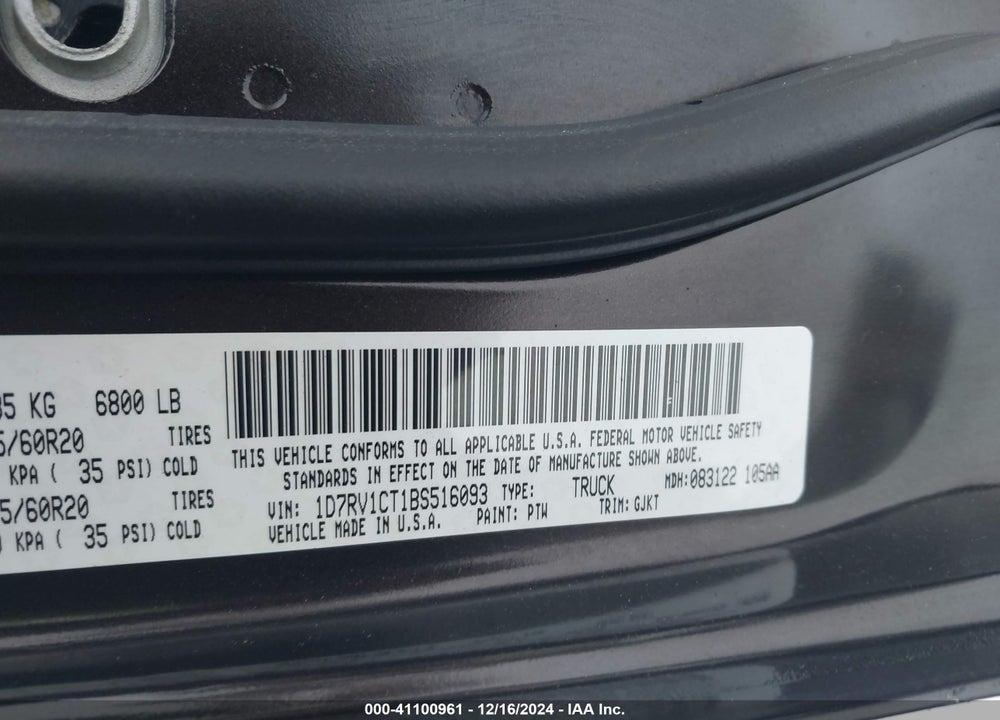 2011 RAM RAM 1500 VIN: 1D7RV1CT1BS516093