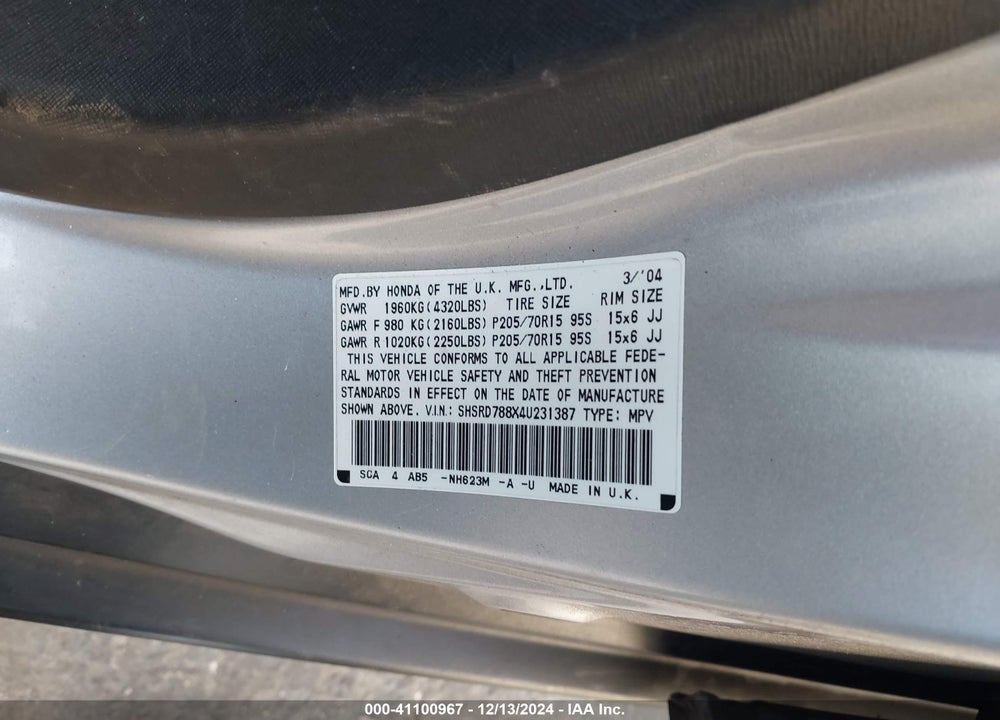 2004 HONDA CR-V EX VIN: SHSRD788X4U231387