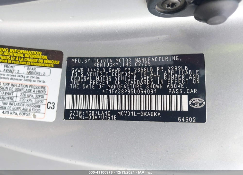 2005 TOYOTA CAMRY SOLARA SLE VIN: 4T1FA38P95U064091