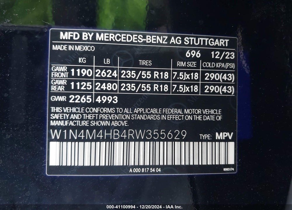 2024 MERCEDES-BENZ GLB 250 4MATIC VIN: W1N4M4HB4RW355629