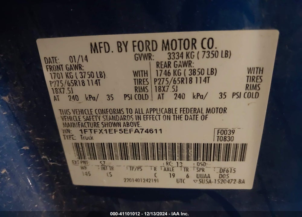 2014 FORD F-150 VIN: 1FTFX1EF5EFA74611