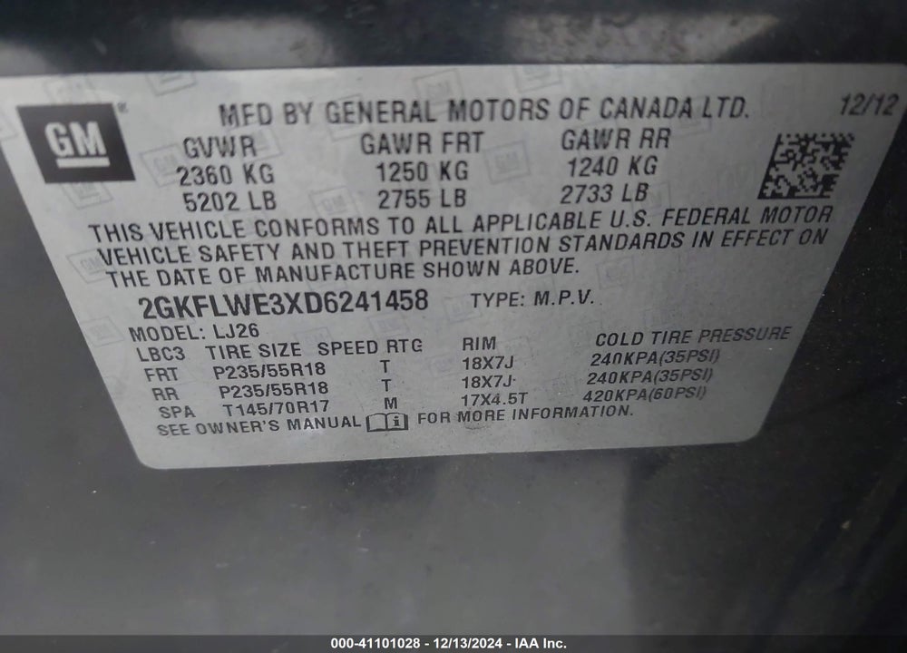 2013 GMC TERRAIN SLT-2 VIN: 2GKFLWE3XD6241458