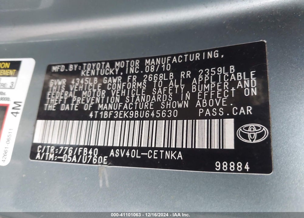 2011 TOYOTA CAMRY LE VIN: 4T1BF3EK9BU645630