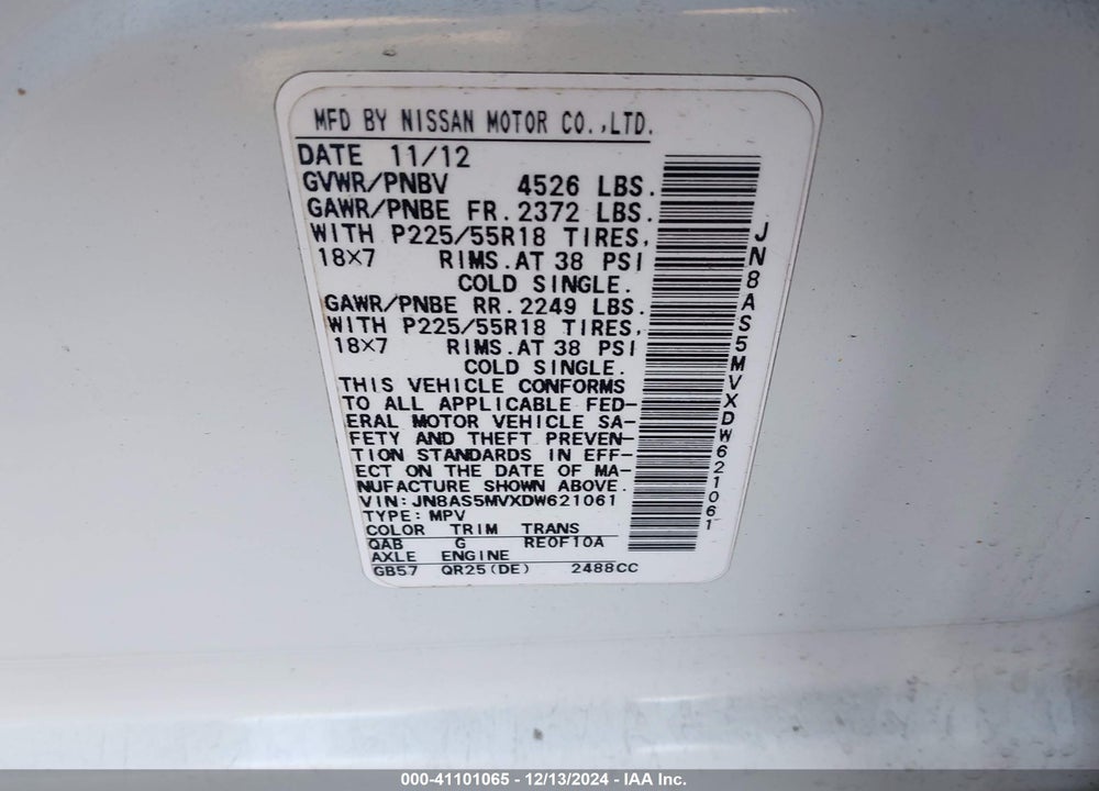 2013 NISSAN ROGUE SV W/SL PKG VIN: JN8AS5MVXDW621061