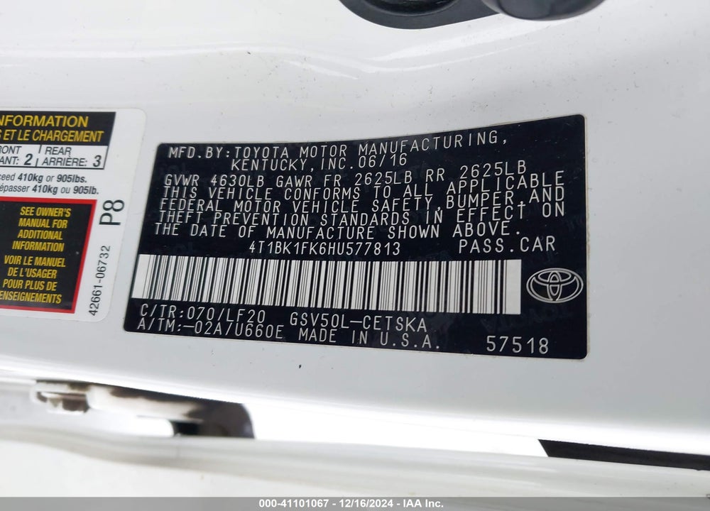 2017 TOYOTA CAMRY XSE V6 VIN: 4T1BK1FK6HU577813