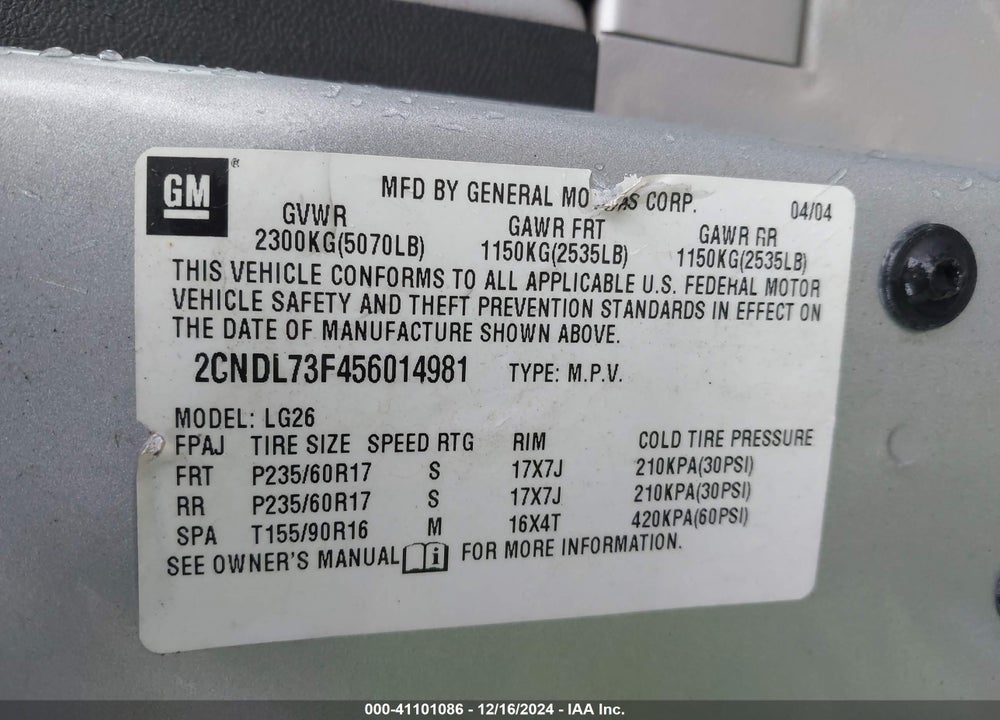 2005 CHEVROLET EQUINOX LT VIN: 2CNDL73F456014981
