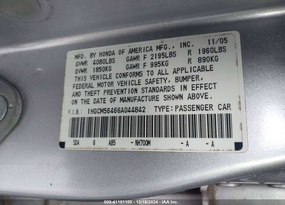 2006 HONDA ACCORD 2.4 LX VIN: 1HGCM56466A044842