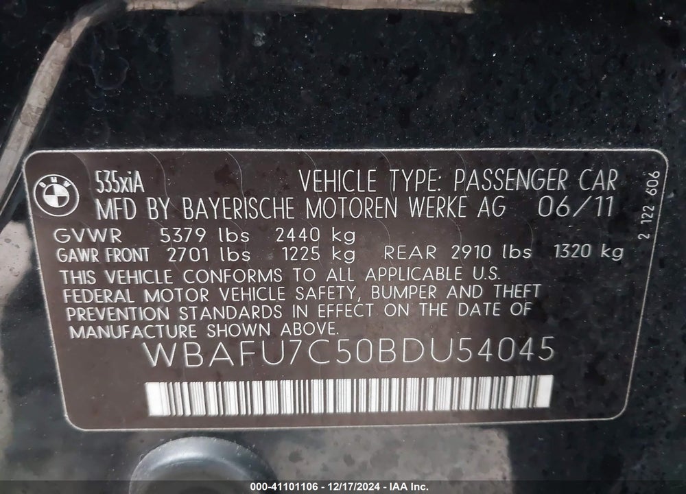 2011 BMW 535I XDRIVE VIN: WBAFU7C50BDU54045