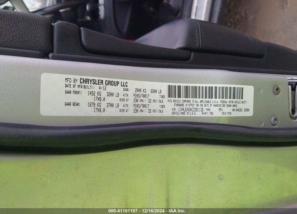 2012 JEEP GRAND CHEROKEE LAREDO VIN: 1C4RJEAG0CC291132
