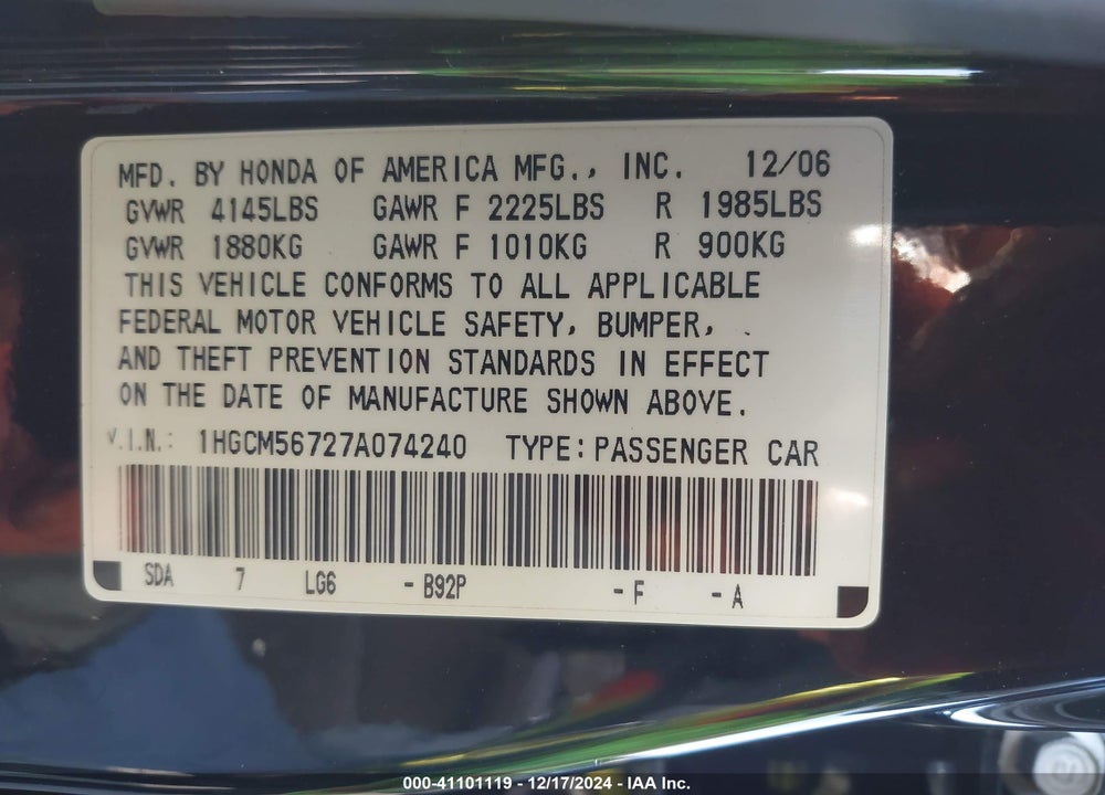 2007 HONDA ACCORD 2.4 EX VIN: 1HGCM56727A074240