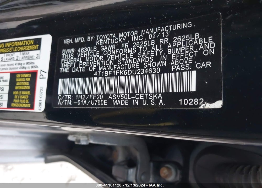 2013 TOYOTA CAMRY SE VIN: 4T1BF1FK6DU234630