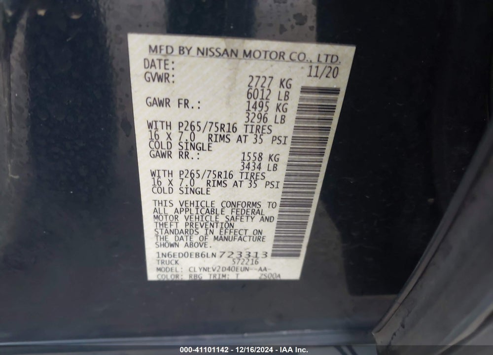 2020 NISSAN FRONTIER PRO-4X 4X4 VIN: 1N6ED0EB6LN723313