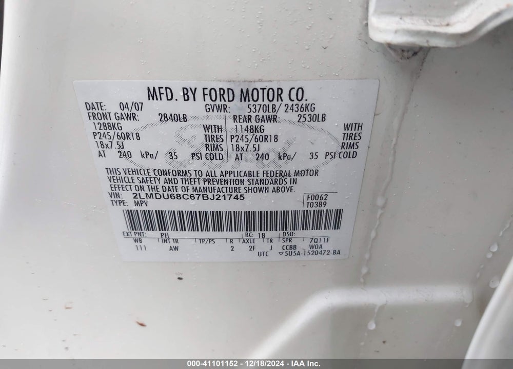 2007 LINCOLN MKX VIN: 2LMDU68C67BJ21745