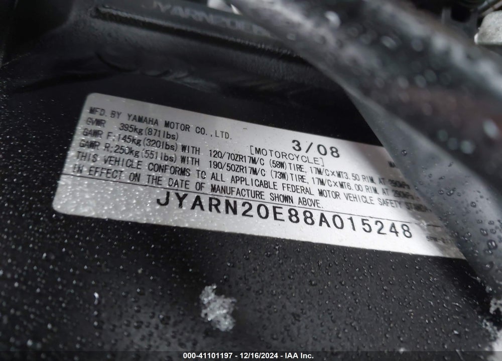 2008 YAMAHA YZFR1 VIN: JYARN20E88A015248