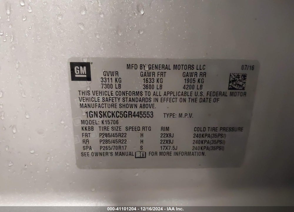 2016 CHEVROLET TAHOE LTZ VIN: 1GNSKCKC5GR445553