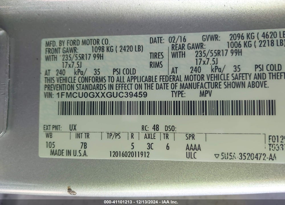 2016 FORD ESCAPE SE VIN: 1FMCU0GXXGUC39459