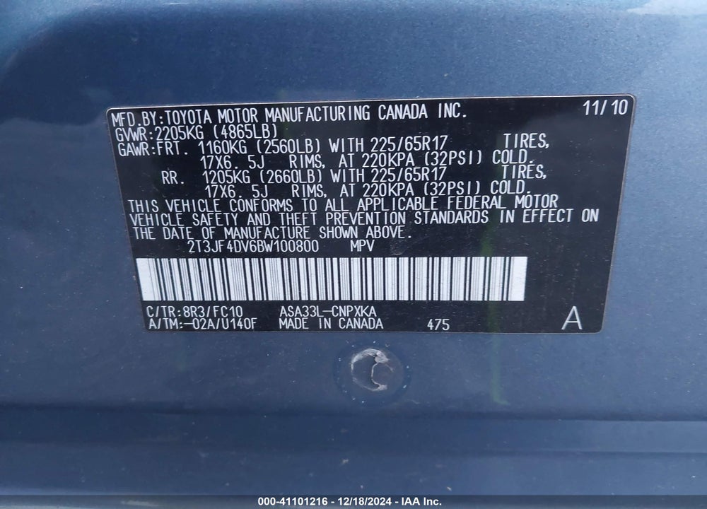 2011 TOYOTA RAV4 VIN: 2T3JF4DV6BW100800