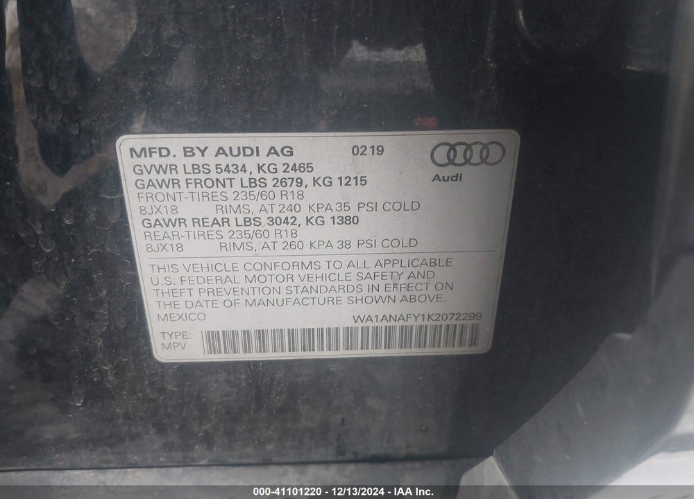 2019 AUDI Q5 45 PREMIUM VIN: WA1ANAFY1K2072299