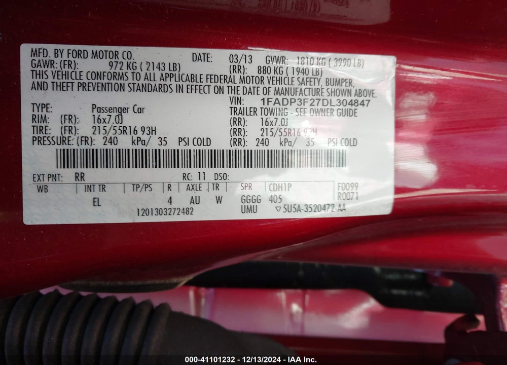 2013 FORD FOCUS SE VIN: 1FADP3F27DL304847