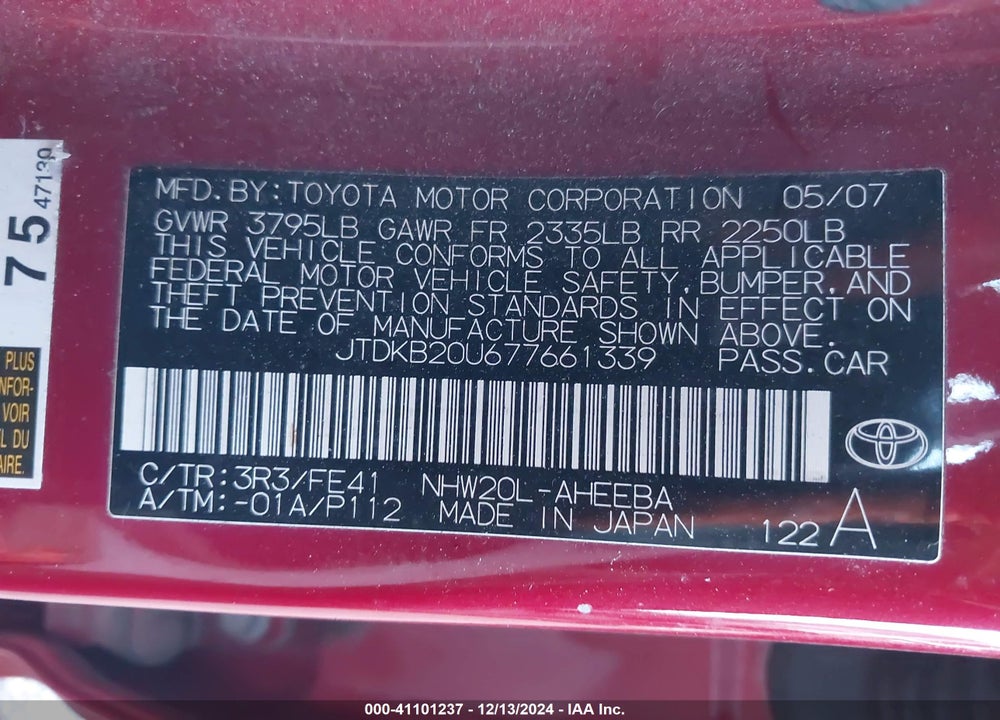 2007 TOYOTA PRIUS VIN: JTDKB20U677661339