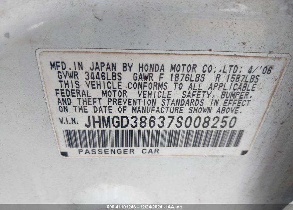 2007 HONDA FIT VIN: JHMGD38637S008250