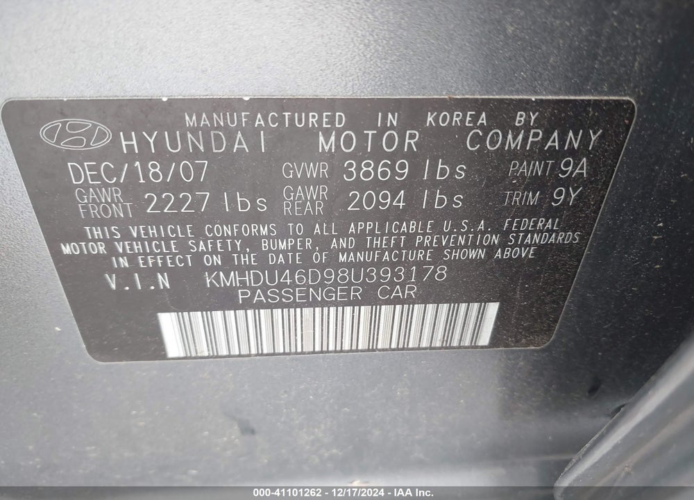 2008 HYUNDAI ELANTRA GLS/SE VIN: KMHDU46D98U393178