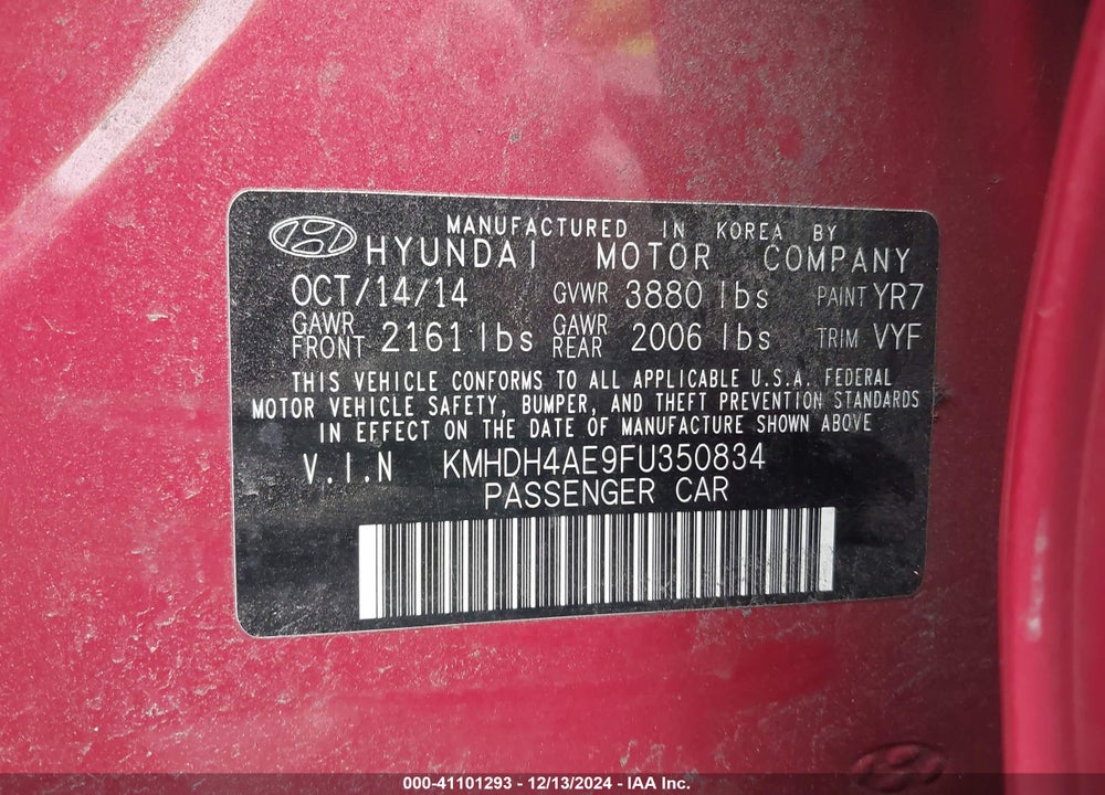 2015 HYUNDAI ELANTRA VIN: KMHDH4AE9FU350834