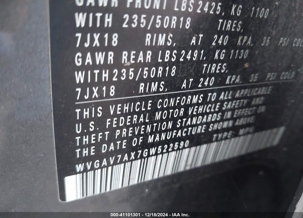 2016 VOLKSWAGEN TIGUAN SE VIN: WVGAV7AX7GW522590