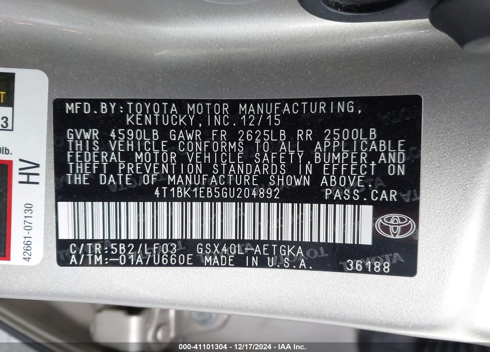 2016 TOYOTA AVALON XLE PREMIUM VIN: 4T1BK1EB5GU204892