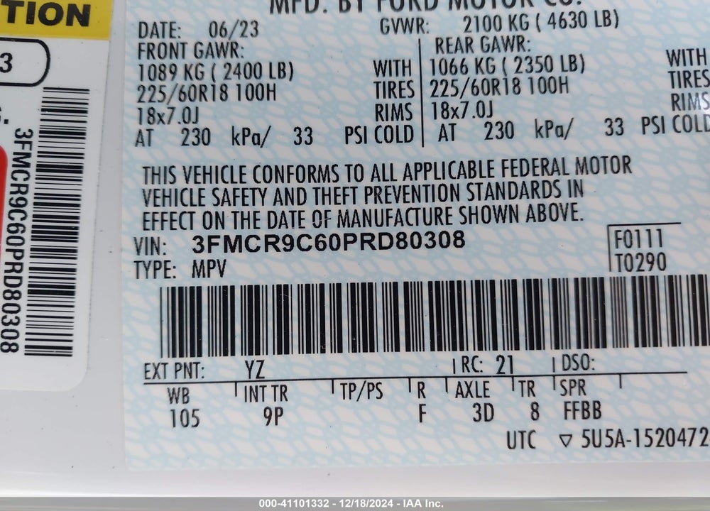 2023 FORD BRONCO SPORT OUTER BANKS VIN: 3FMCR9C60PRD80308