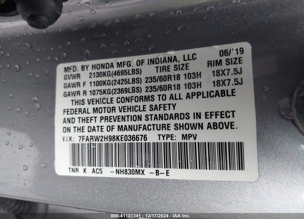 2019 HONDA CR-V TOURING VIN: 7FARW2H98KE036676