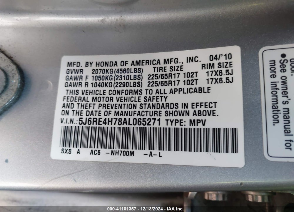 2010 HONDA CR-V EX-L VIN: 5J6RE4H78AL065271