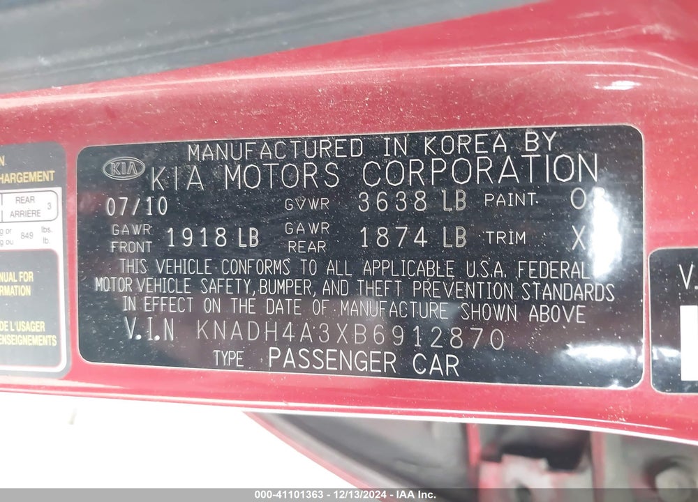 2011 KIA RIO VIN: KNADH4A3XB6912870