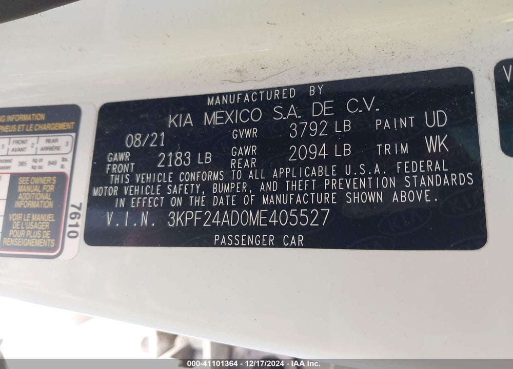 2021 KIA FORTE LXS VIN: 3KPF24AD0ME405527