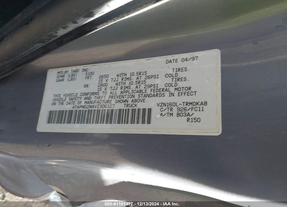 1997 TOYOTA TACOMA BASE V6 VIN: 4TAPN62N4VZ306127