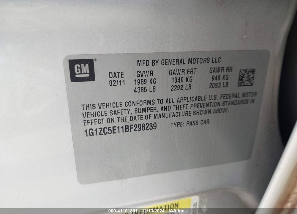 2011 CHEVROLET MALIBU 1LT VIN: 1G1ZC5E11BF298239