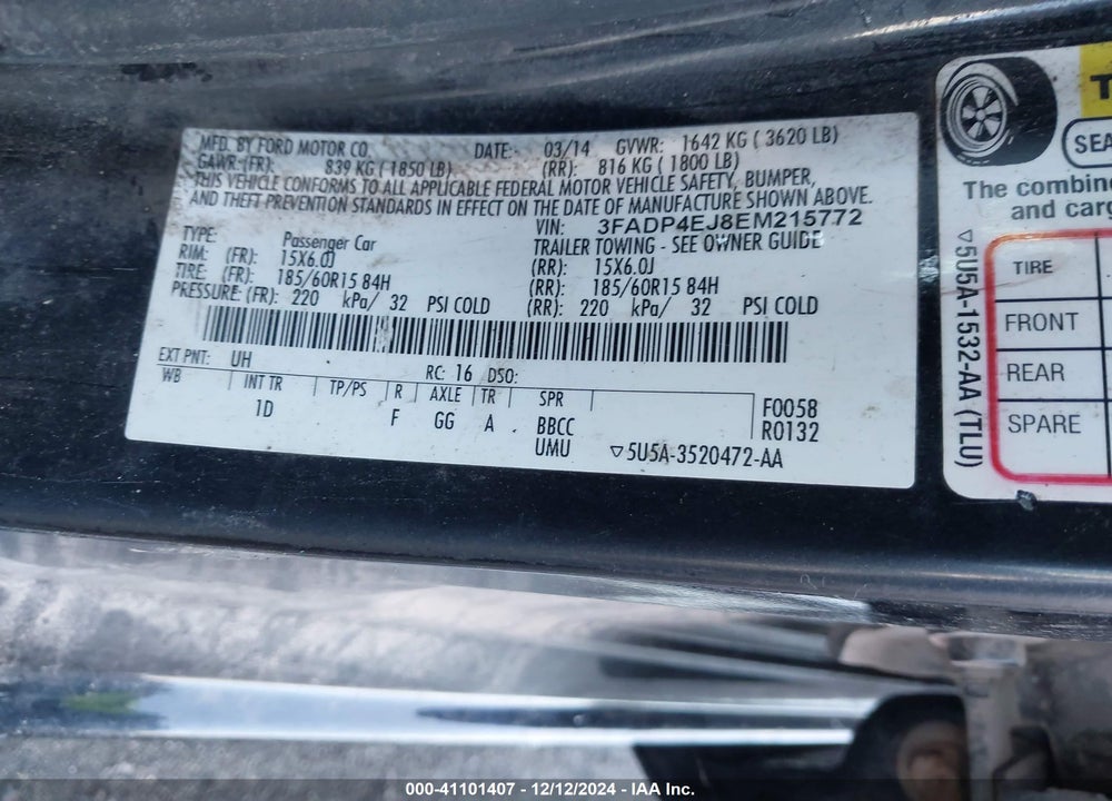 2014 FORD FIESTA VIN: 3FADP4EJ8EM215772