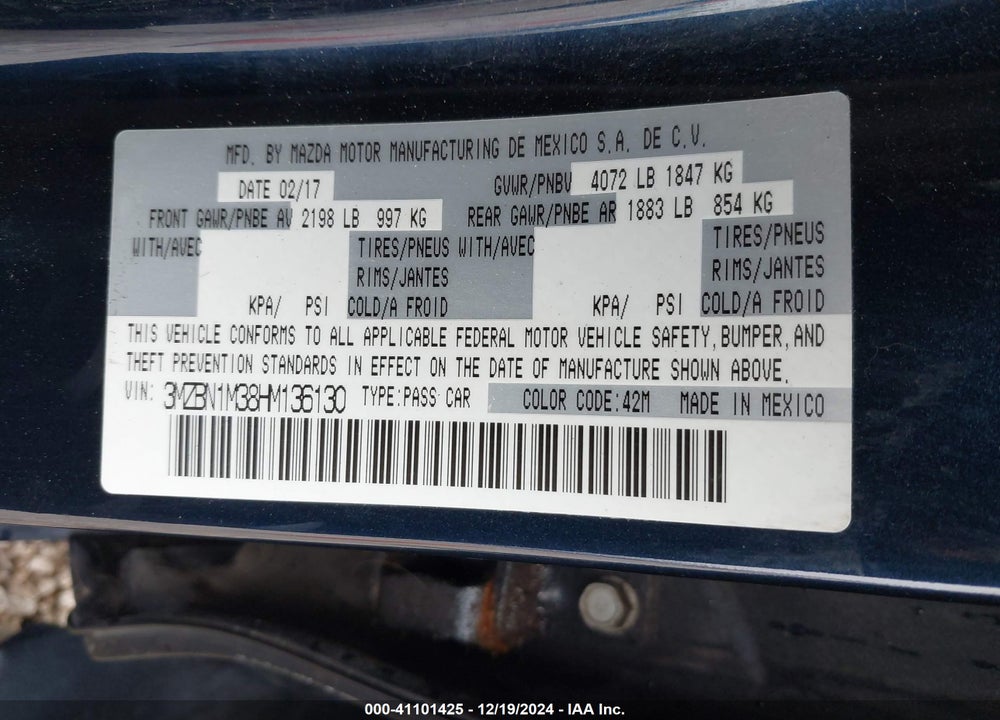 2017 MAZDA 3 GRAND TOURING VIN: 3MZBN1M38HM136130